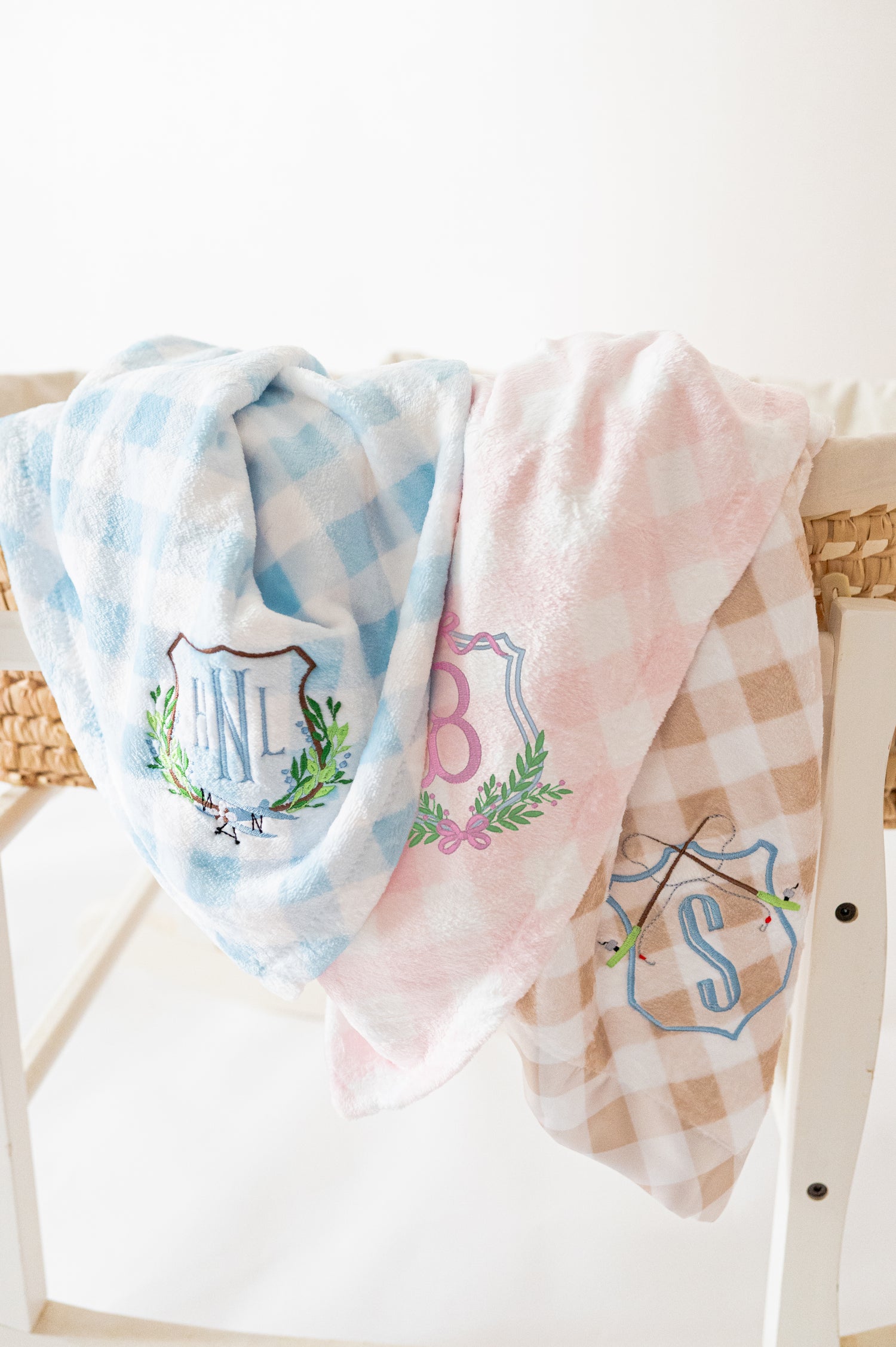 Minky Gingham Baby Blanket with Embroidered Crest Monograms