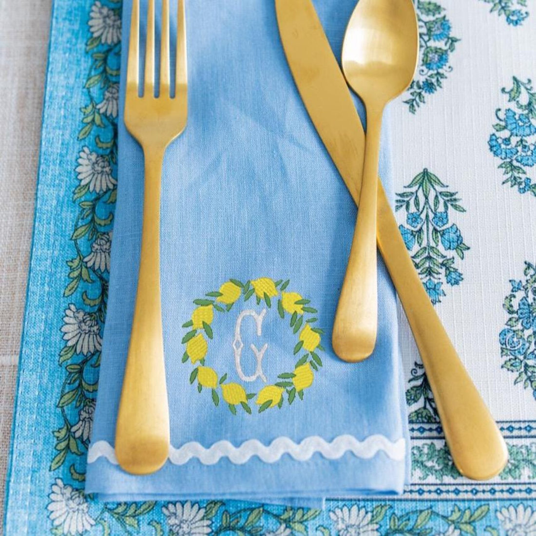 Ric Rac Embroidered Linen Dinner Napkins