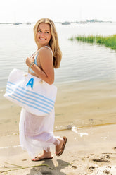 Striped tote bag with leather straps